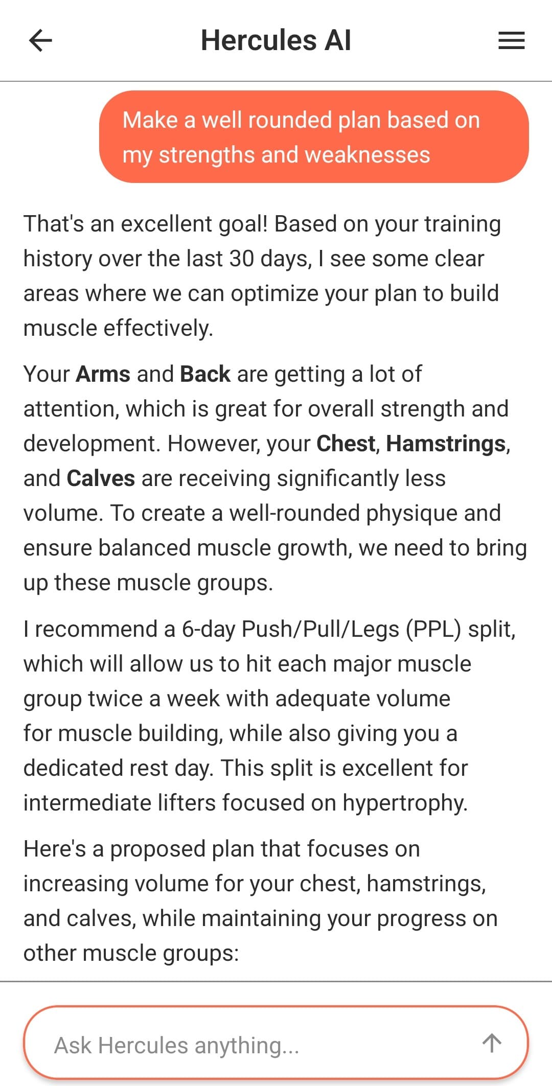 AI Coach chat providing workout advice